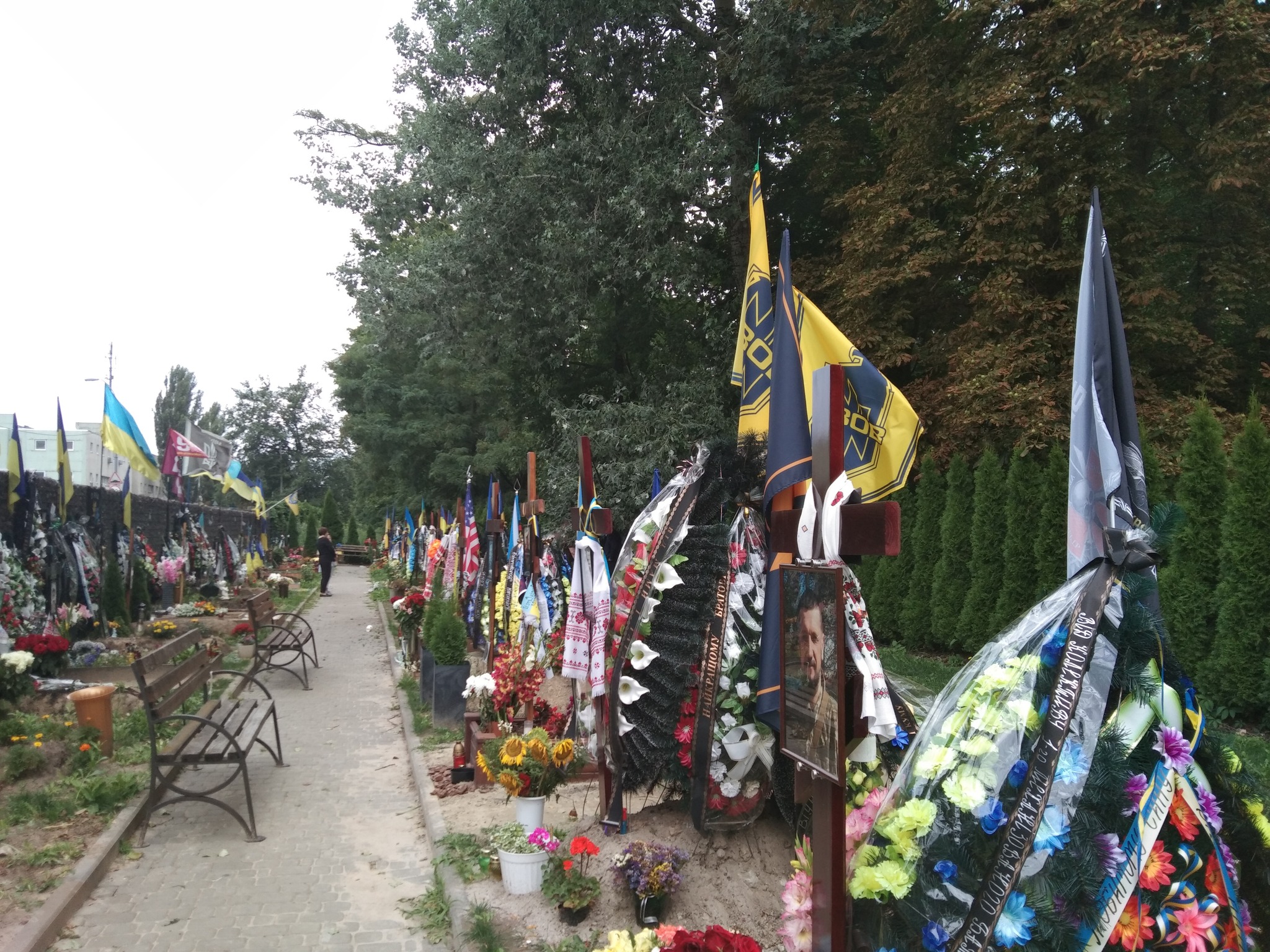 flowers and ukrainian flags 