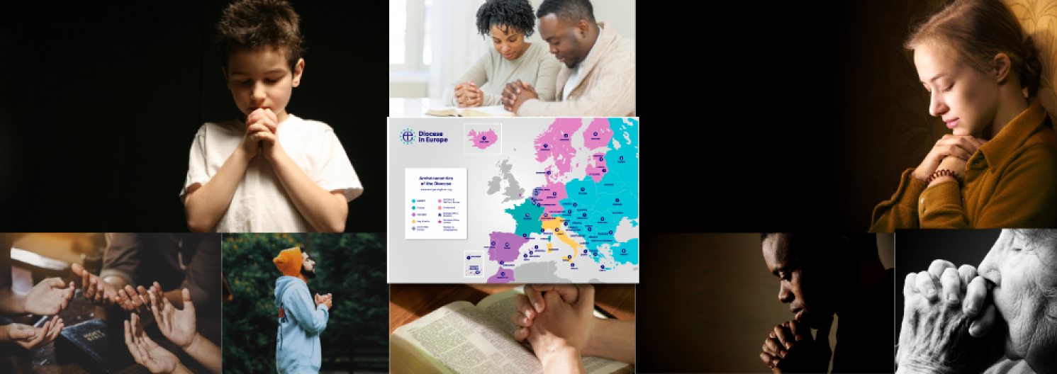 people praying and map of diocese in europe