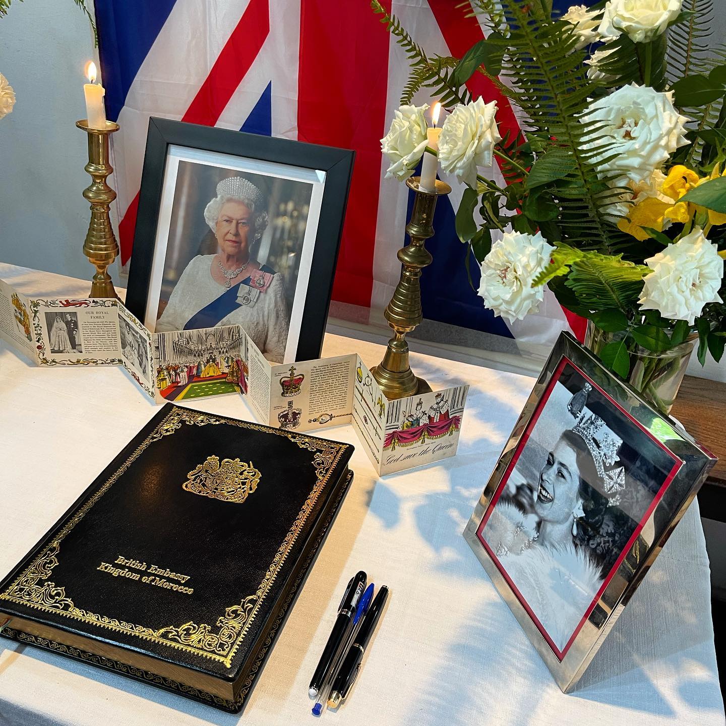 A memorial display for the death of the queen.