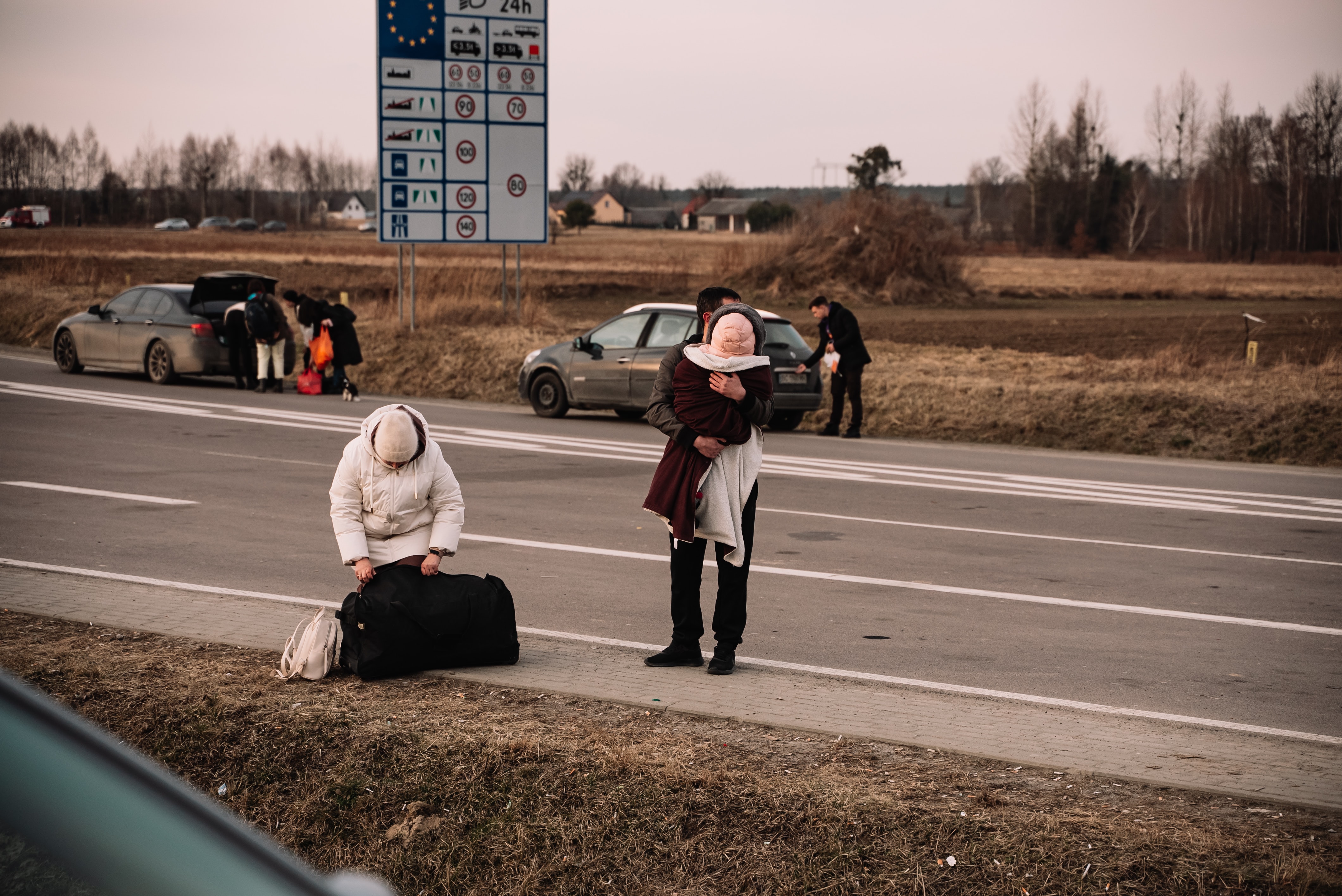 Refugees on the side of the road.