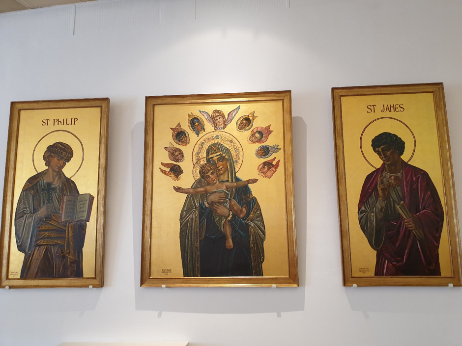 Paintings of St James, St Philip, and Madonna.