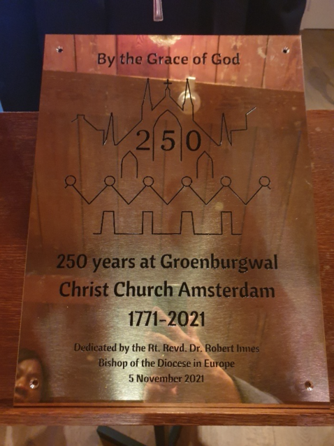 250 years at Groenburgwal plaque dedicated to Bishop Robert.
