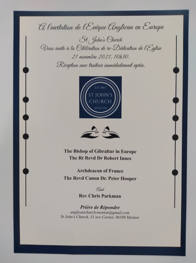 A rededication certificate from St John's, Menton.