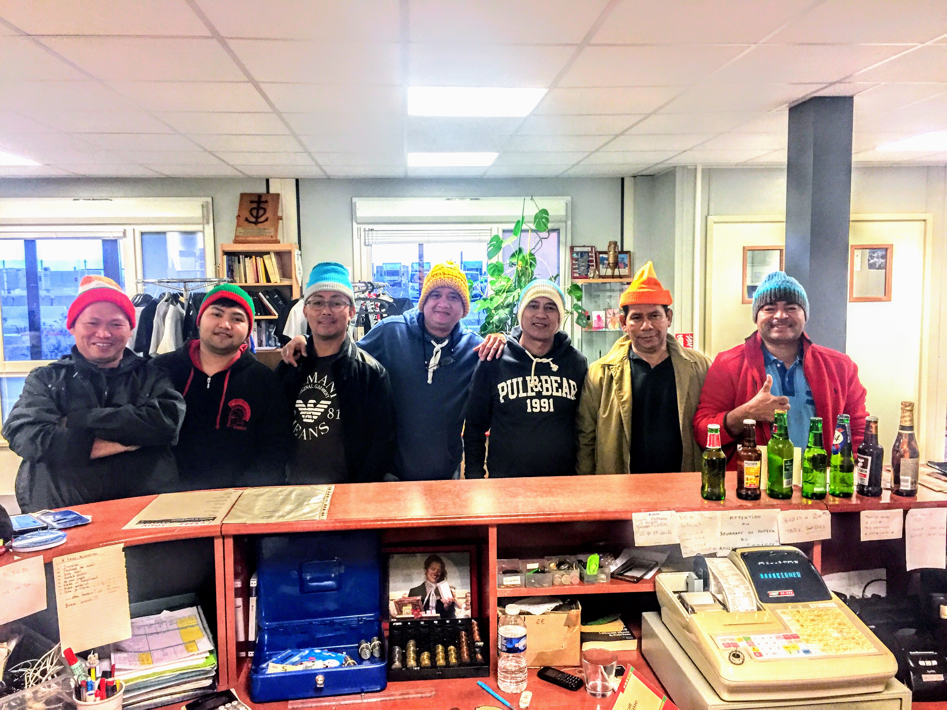 A gathering of Seafarers in their Woolly Hats.