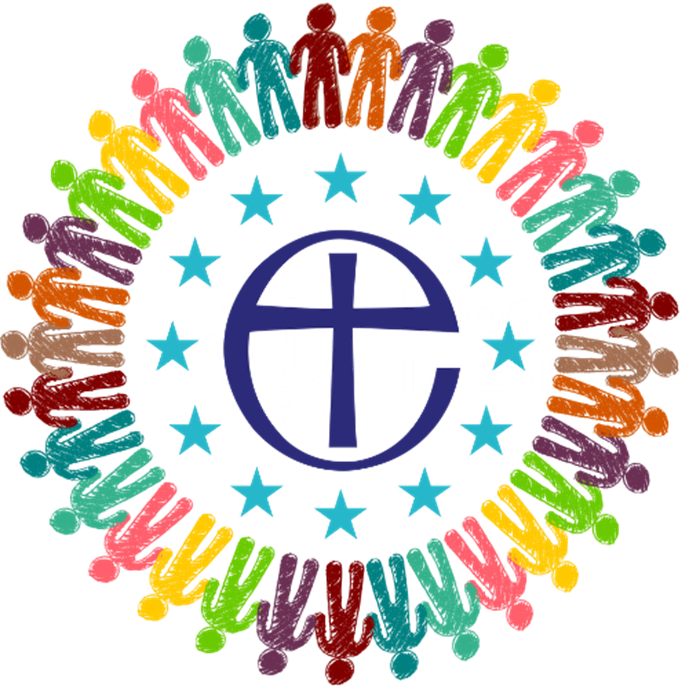 Colourful people around DinE logo