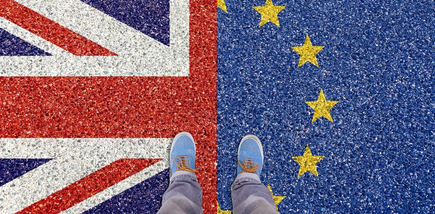 A split union jack and EU Flag.