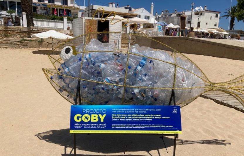 Goby the Whale filled with plastic bottles.