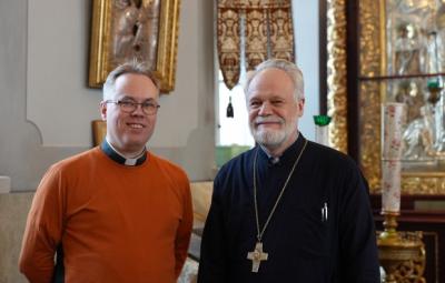 The Revd Tuomas Mäkipää (left), the Chaplain at Saint Nicholas, Helsinki, with Father Heikki Huttunen of Holy Trinity Orthodox Church