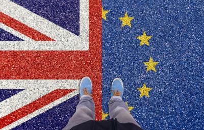 A split union jack and EU Flag.