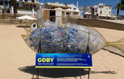 Goby the Whale filled with plastic bottles.