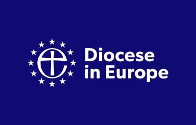 Blue background, white Diocese in Europe logo